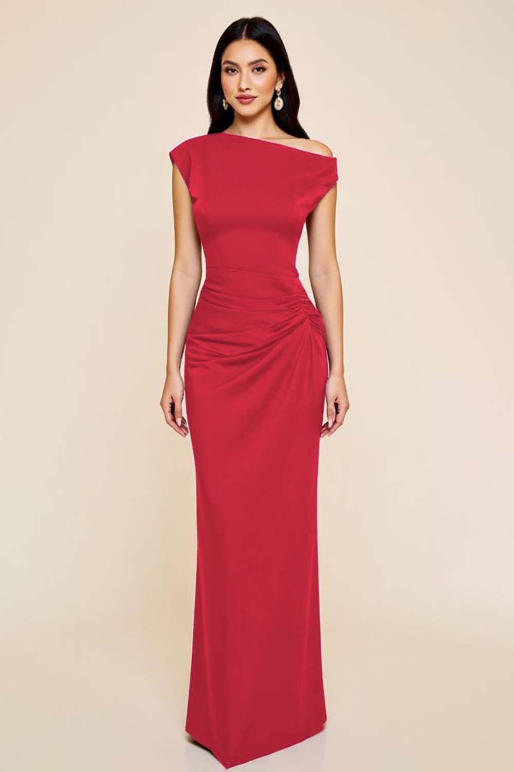 Dusty Blue Sheath Satin Asymmetrical Long Ruched Formal Dress