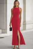Black Satin Sheath Long Formal Dress with Slit