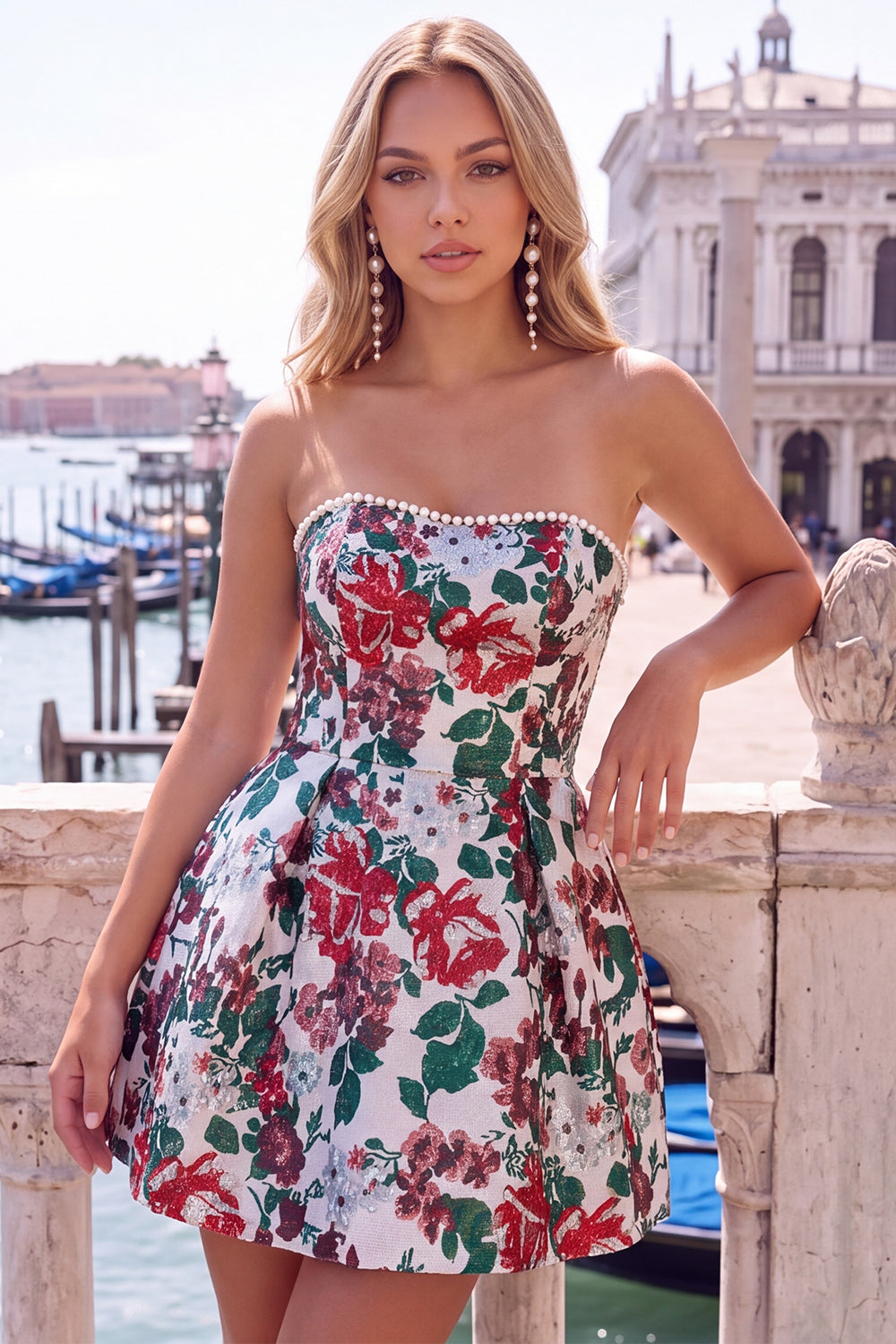 Yellow Flower Jacquard A-Line Short Homecoming Dress with Bow