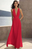Chiffon Ivory Ruched Deep V-Neck Beach Maxi Engagement Dress
