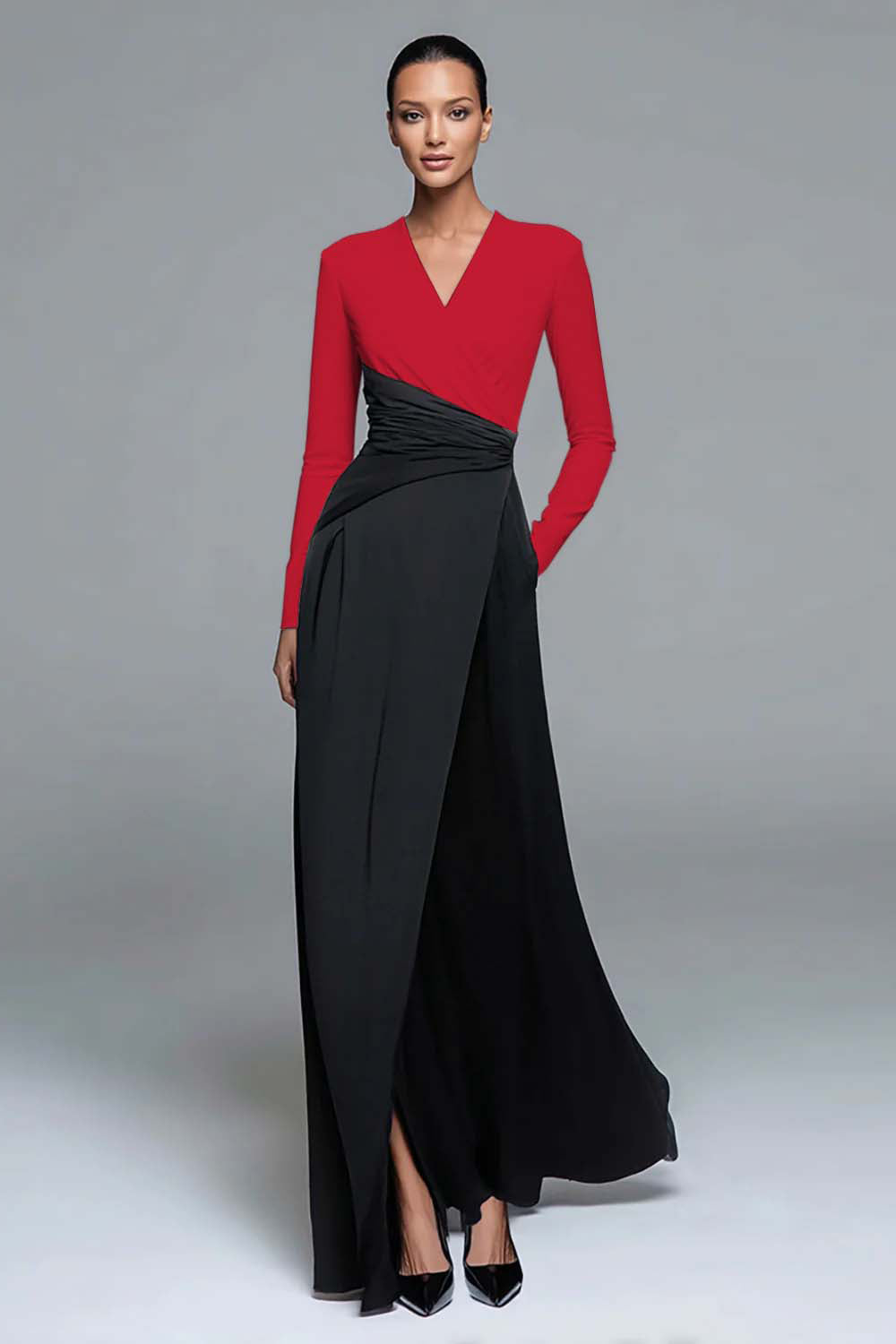Zapakasa Women Black and White Patchwork Long Formal Dress with Pockets V-Neck Satin Sheath Evening Dress with Slit Zapakasa Women Black and White Patchwork Long Formal Dress with Pockets V-Neck Satin Sheath Evening Dress with Slit