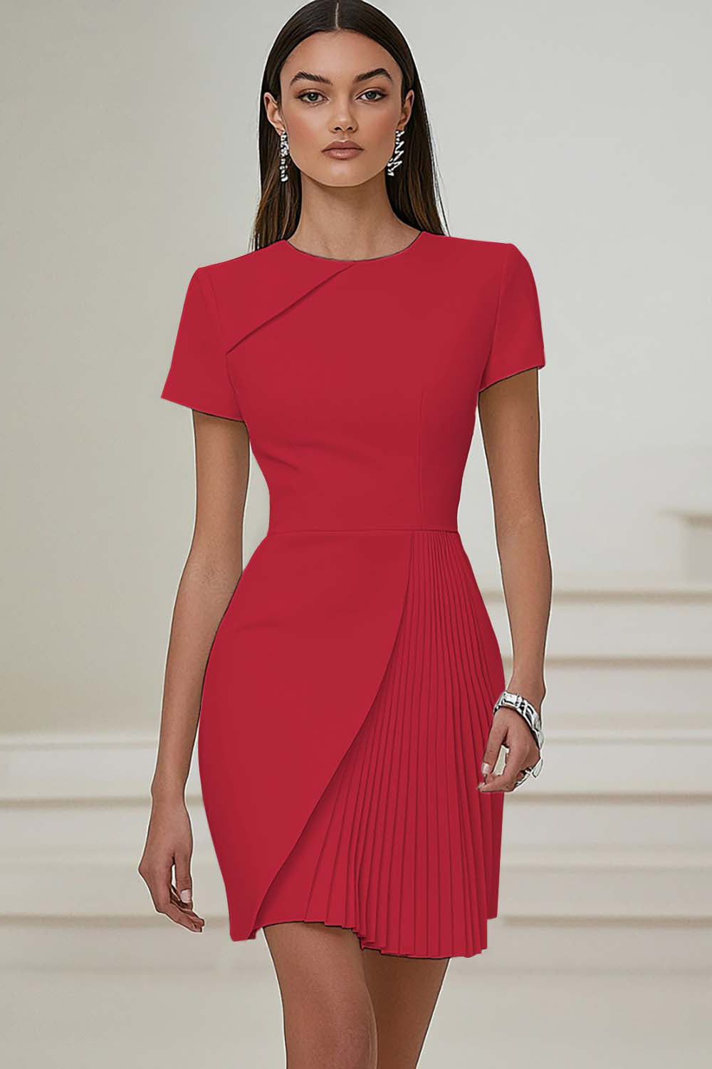 ZAPAKA Women Lilac Satin Short Work Dress with Short Sleeves Round Neck A Line Pleated Business Dress, Red / custom