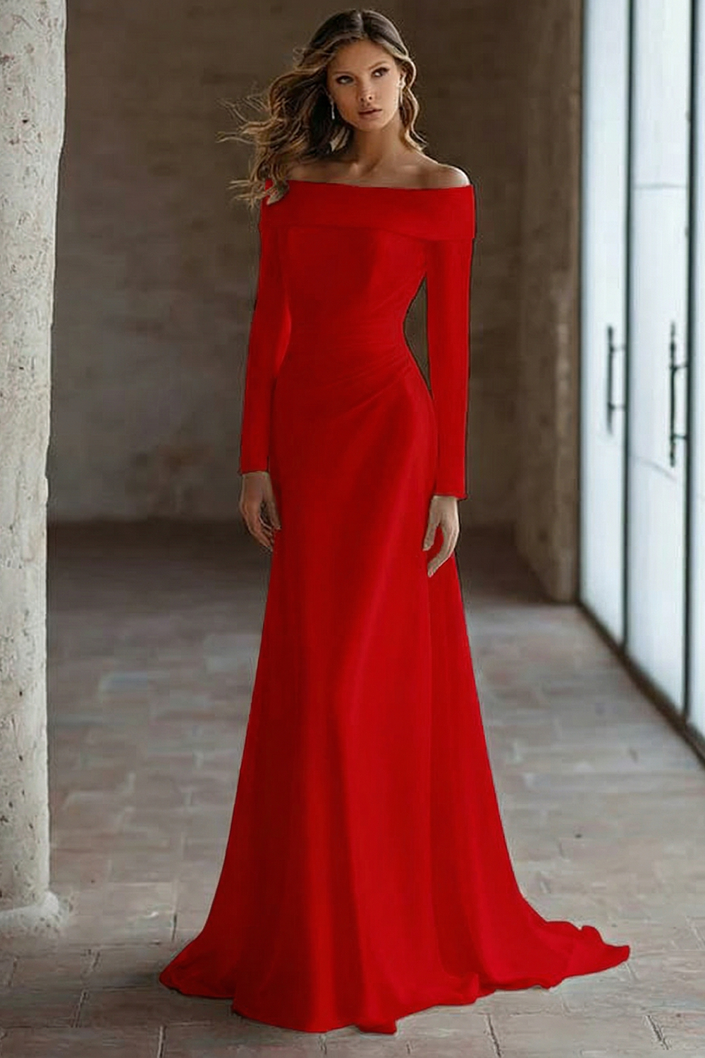 Ivory Satin Off The Shoulder Sweep Train Wedding Dress with Sleeves