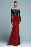Black and Burgundy Mermaid Velvet Long Sleeves Holiday Party Dress with Lace