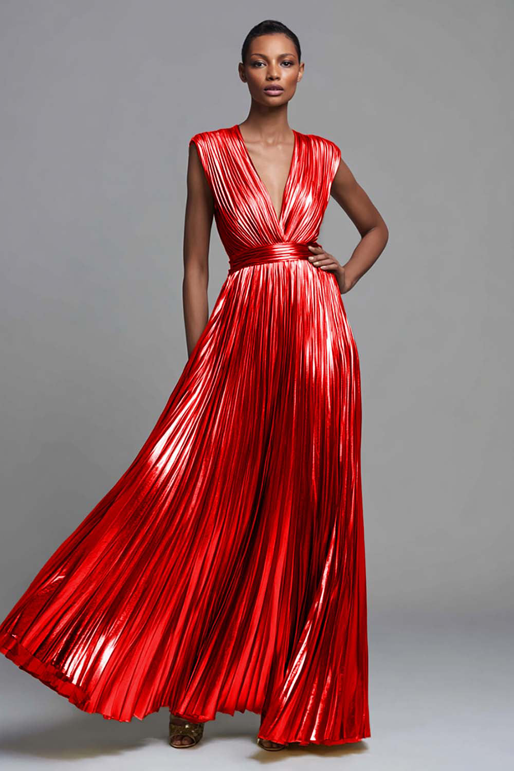 red metallic dress ZAPAKA Women Gold A-Line Formal Pleated V-Neck Long Evening Dress, Fuchsia / US2 neck formal dresses with Toddler COLOR:Black/Multi Summer Grunge Dress