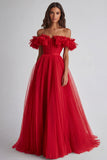 A Line Dusty Sage Off the Shoulder Long Wedding Guest Dress with Ruffles