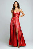 Silver Metallic Pleated Spaghetti Straps Long Formal Dress with Slit
