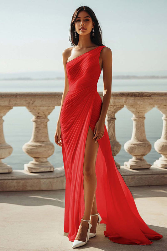 Dusty Blue Chiffon One Shoulder Beach Long Formal Dress with Slit