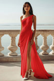Dusty Blue Chiffon One Shoulder Beach Long Formal Dress with Slit