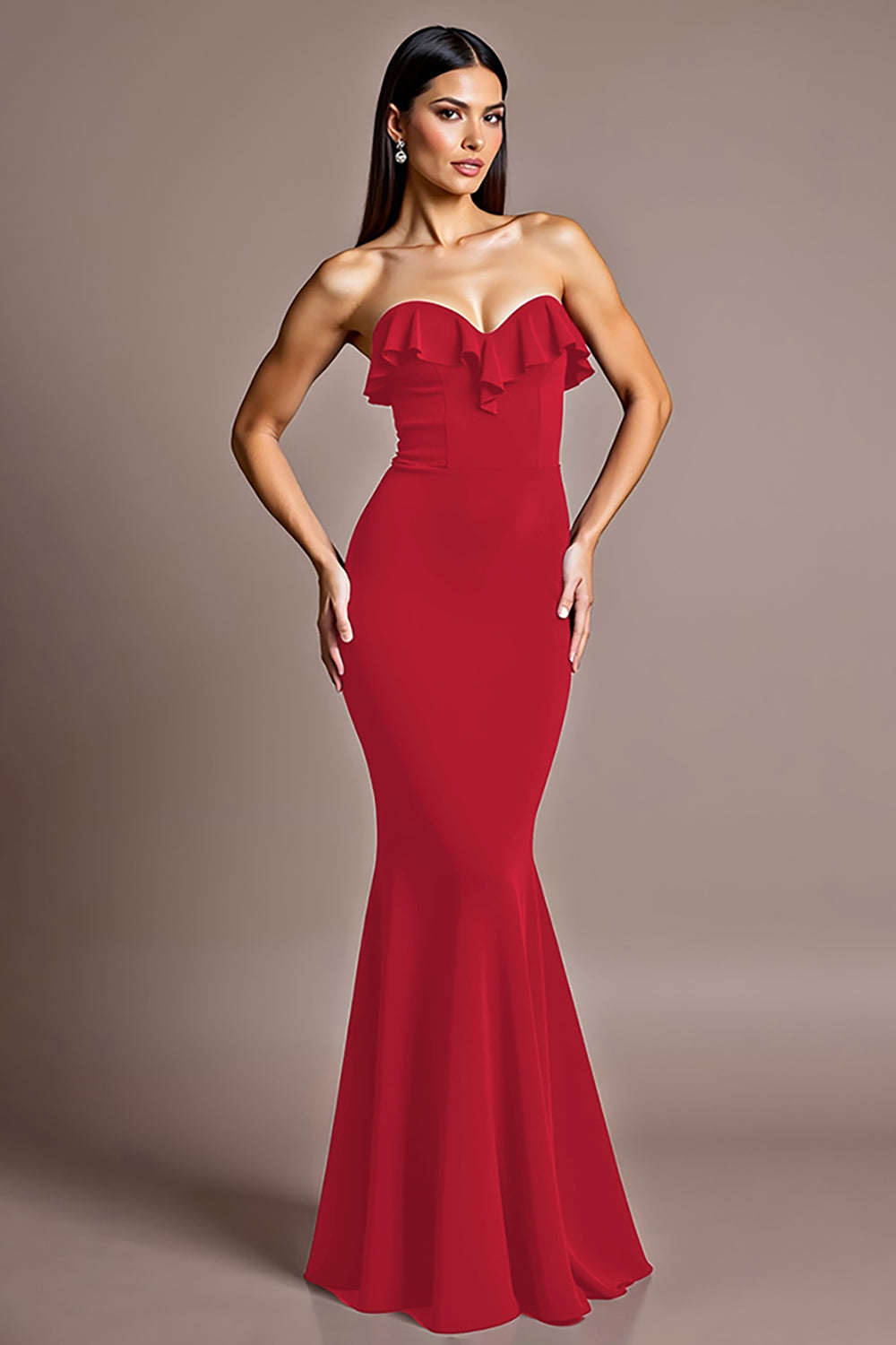 Burgundy Satin Mermaid Sweetheart Formal Dress with Ruffles