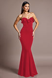 Burgundy Satin Mermaid Sweetheart Formal Dress with Ruffles