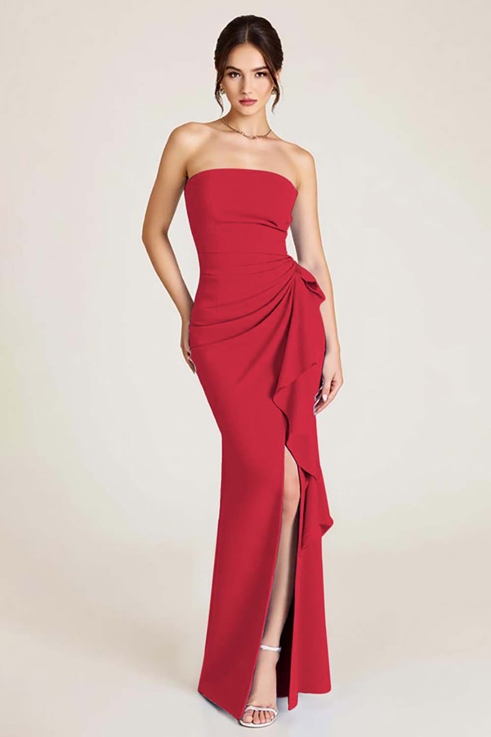 Dusty Sage Strapless Long Sheath Wedding Guest Dress with Slit