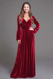 Burgundy Velvet A-Line V-Neck Long Holiday Party Dress with Sleeves