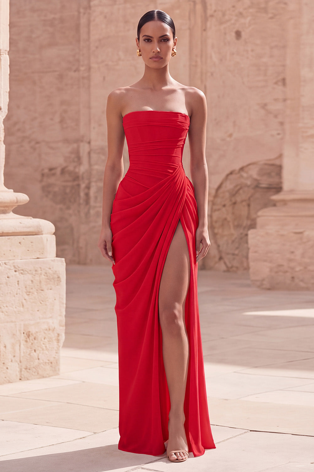 Light Pink Sheath Ruched Long Prom Dress with Slit