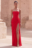 Light Pink Sheath Ruched Long Prom Dress with Slit
