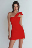 Ivory One Shoulder Satin Ruched Short Tight Graduation Dress with Bow
