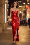 Sparkly Gold Metallic Ruched Sweetheart Long Formal Dress with Slit