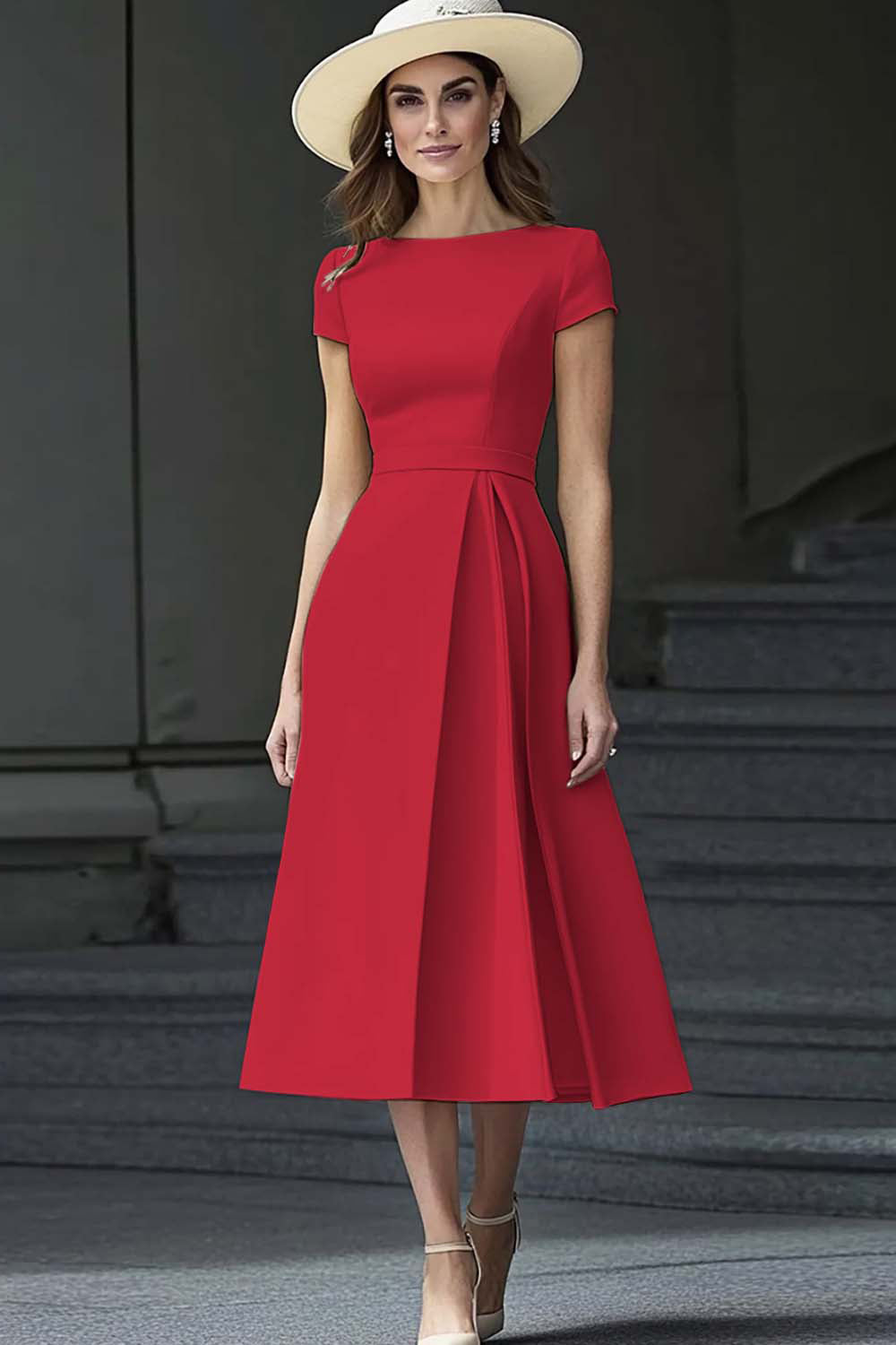 Dusty Blue Satin A Line Bateau Neck Midi Work Dress with Sleeves