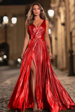 Sparkly Gold Metallic Pleated V-Neck A-Line Long Formal Dress with Slit