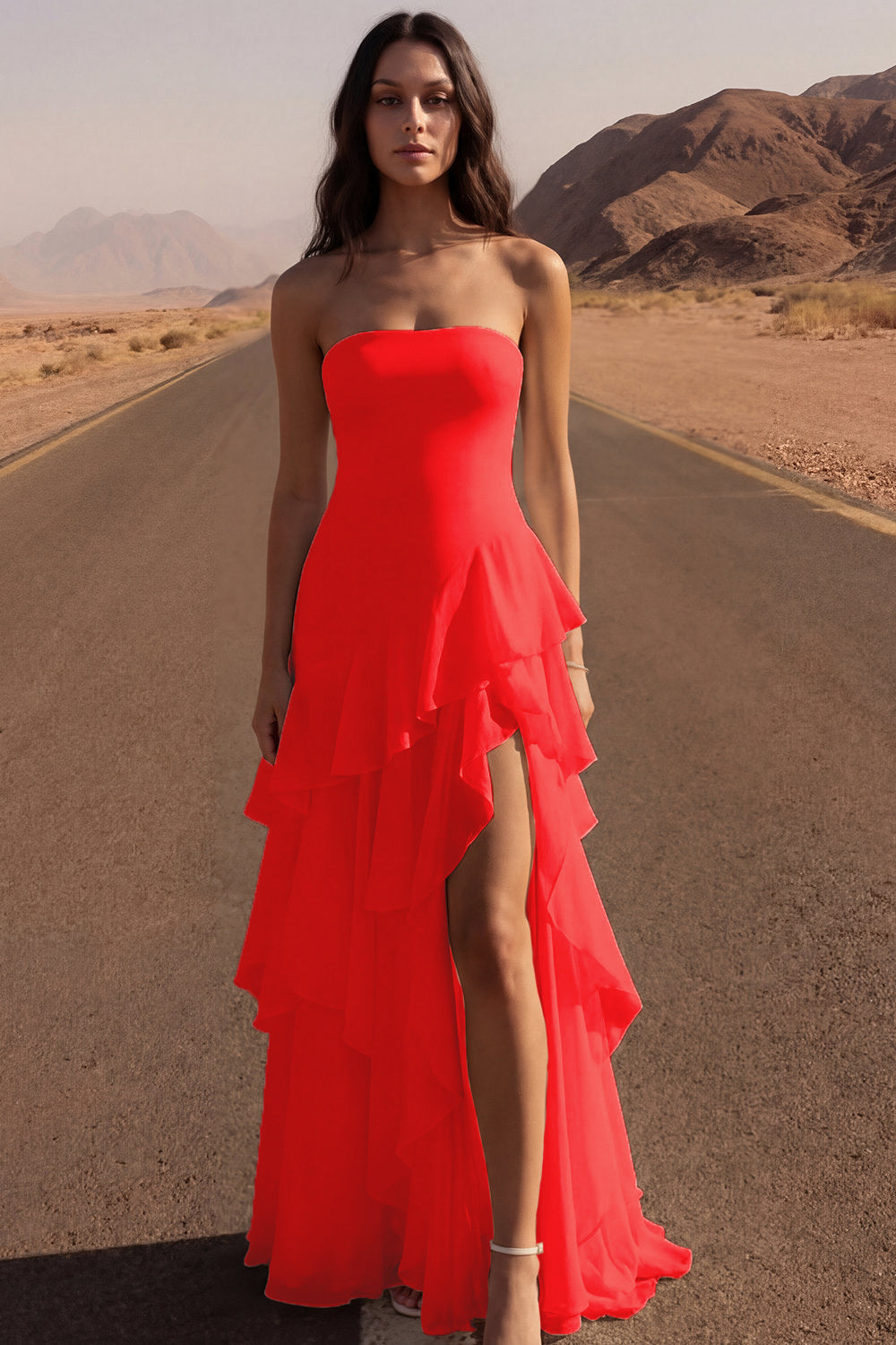 Ivory Strapless A Line Maxi Beach Wedding Dress with Ruffles