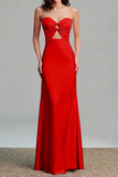 Pink Strapless Keyhole Long Satin Bridesmaid Dress