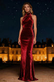 Purple Mermaid Halter Neck Long Velvet Holiday Party Dress