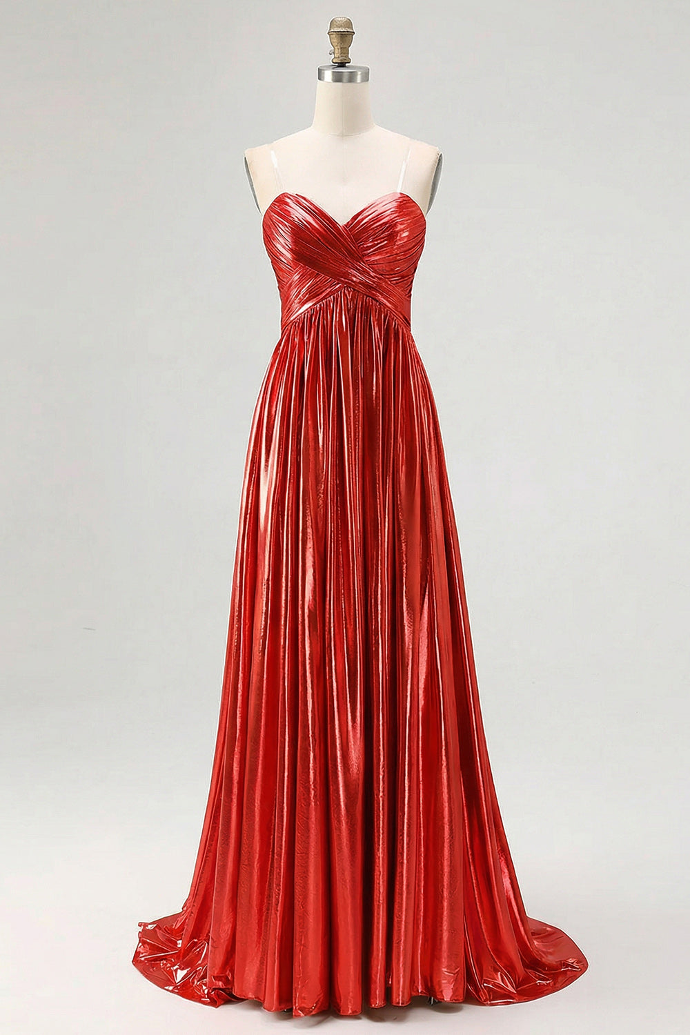 Chic Gold A Line Metallic Spaghetti Straps Pleated Long Prom Dress