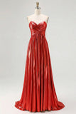 Chic Gold A Line Metallic Spaghetti Straps Pleated Long Prom Dress