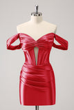 Fuchsia Tight Off the Shoulder Corset Satin Homecoming Dress