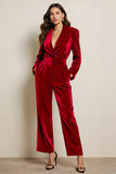 Green Velvet Prom Jumpsuit with Pockets Long Sleeves Peak Lapel Party Jumpsuits with Sash