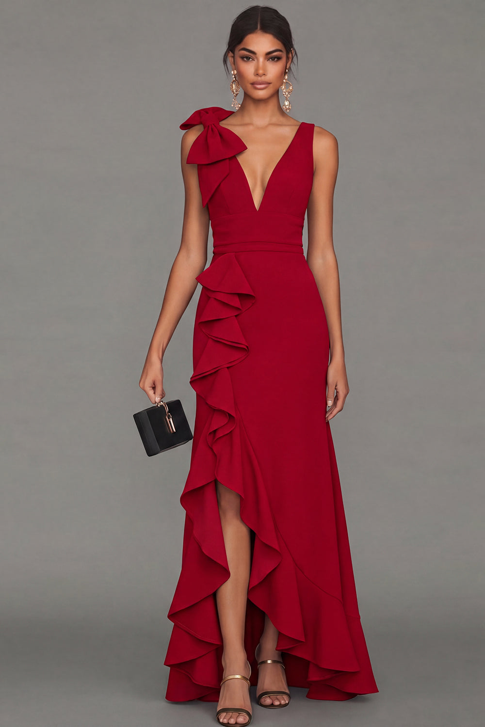 Black V-Neck Long Formal Dress with Ruffles