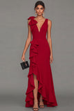 Black V-Neck Long Formal Dress with Ruffles