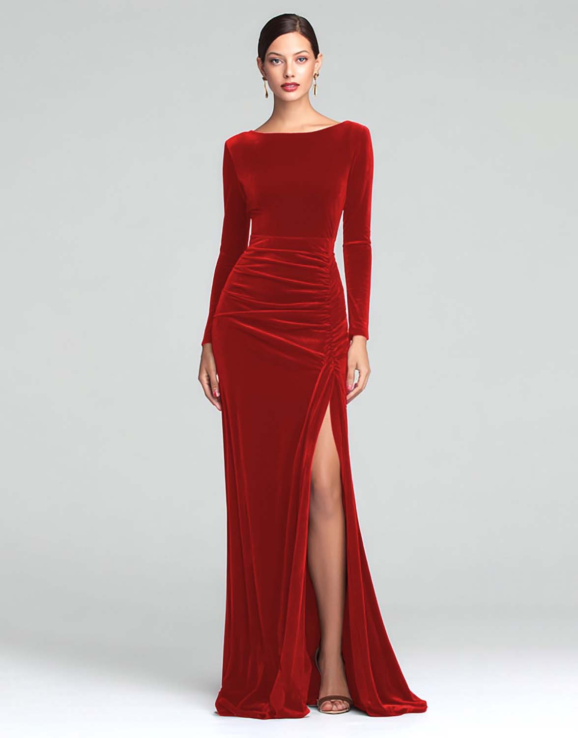 Burgundy Boat Neck Velvet Ruched Long Sleeves Holiday Party Dress