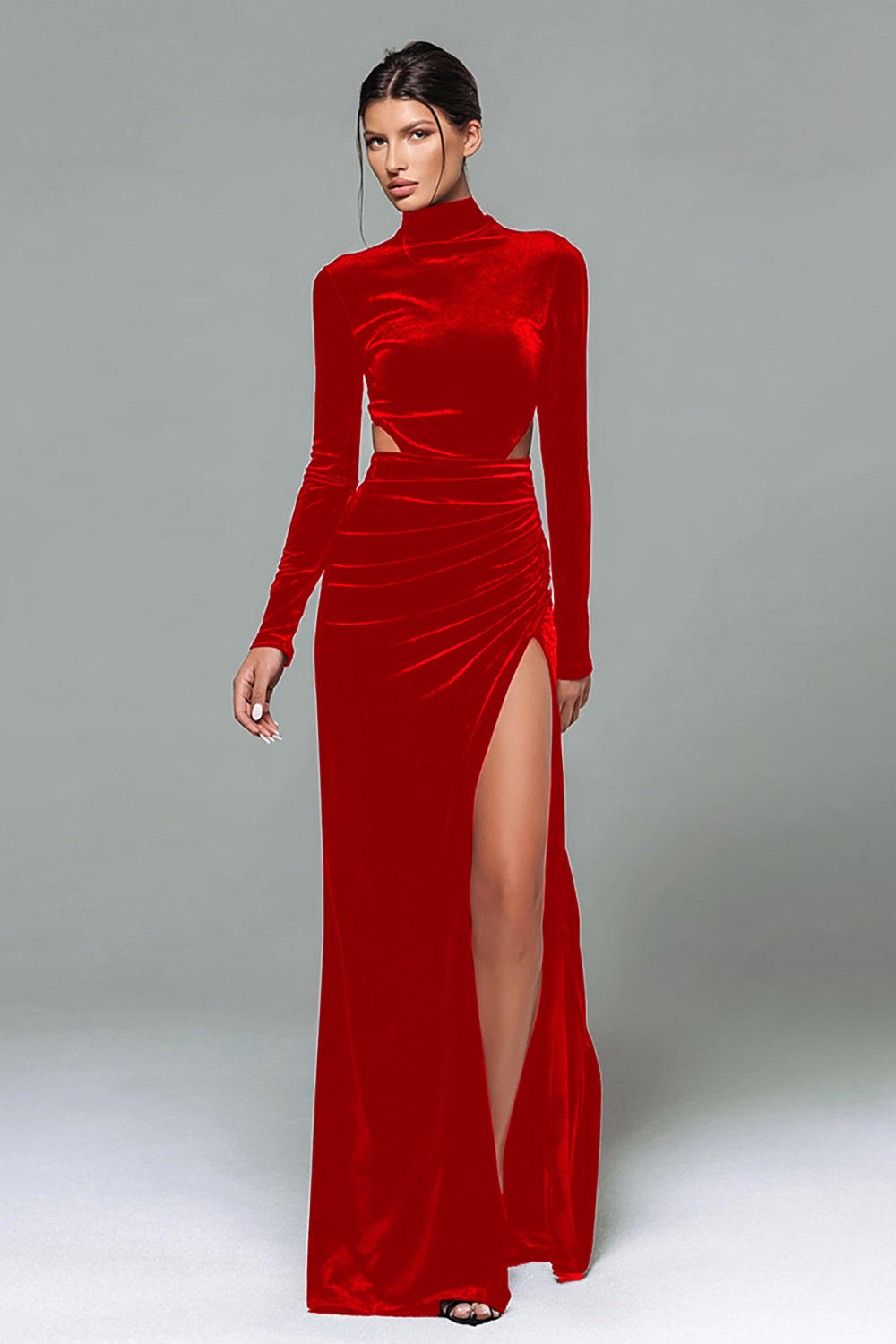 Black Velvet High Neck Sheath Long Sleeves Holiday Party Dress with Slit