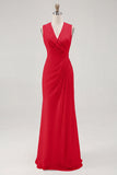 White Chiffon V-Neck Sheath Sleeveless Long Rehearsal Dinner Dress