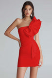 Ivory Satin One Shoulder Short Tight Graduation Dress with Ruffles