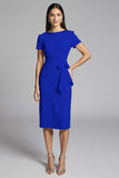 Royal Blue Bodycon Ruffled Satin Midi Work Dress with Ruffles