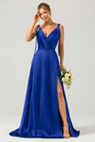 Royal Blue A-Line Spaghetti Straps Ruched Long Bridesmaid Dress with Slit