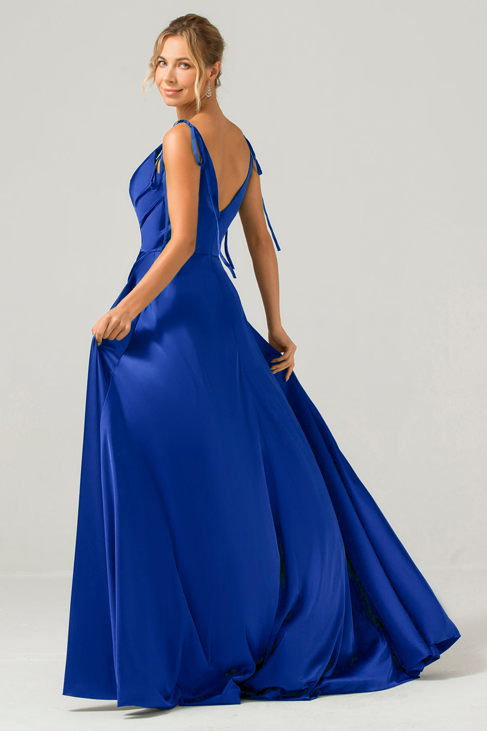 Royal Blue A-Line Spaghetti Straps Ruched Long Bridesmaid Dress with Slit