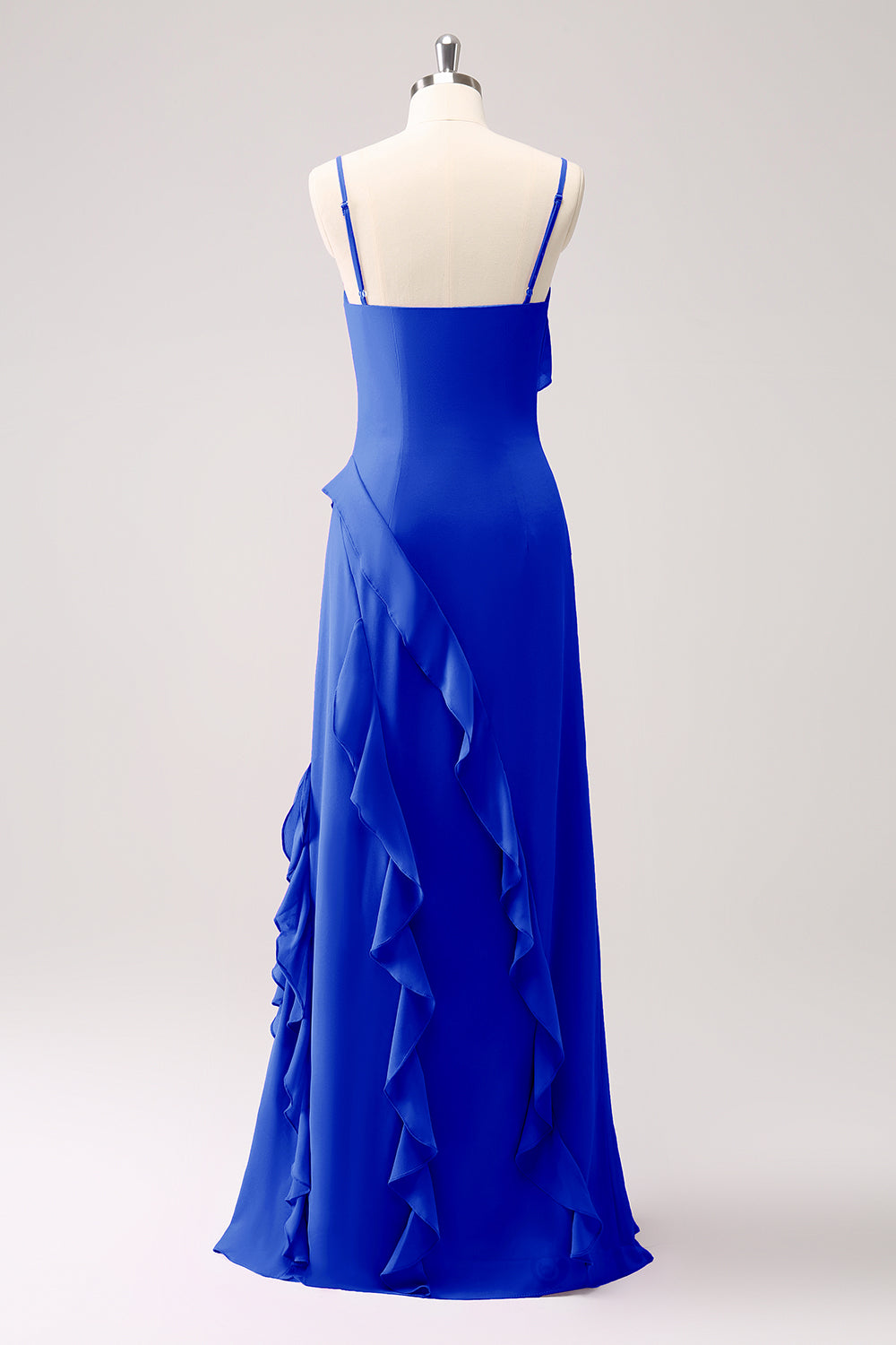 Tahiti Spaghetti Straps Chiffon Ruffled Long Bridesmaid Dress with Slit