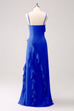 Tahiti Spaghetti Straps Chiffon Ruffled Long Bridesmaid Dress with Slit