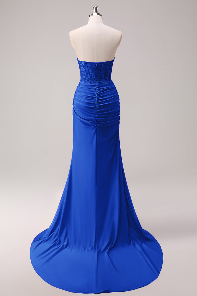 Fuchsia Satin Mermaid Strapless Prom Dress with Ruffled Hem