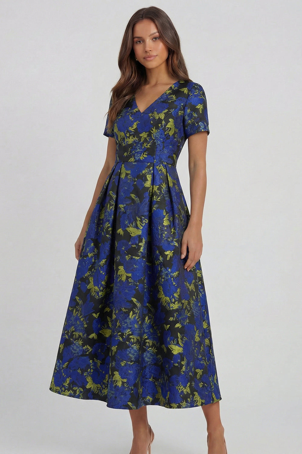 Blue and White Floral V-Neck A Line Long Prom Dress with Sleeves