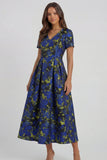 Blue and White Floral V-Neck A Line Long Prom Dress with Sleeves