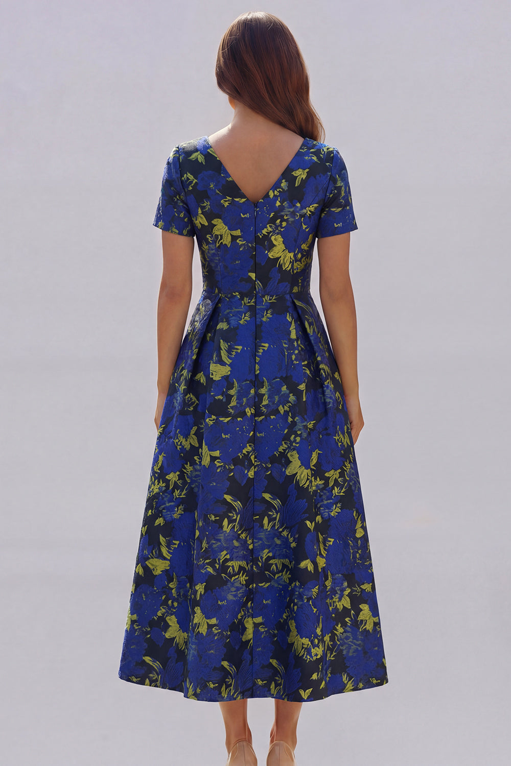 Blue and White Floral V-Neck A Line Long Prom Dress with Sleeves