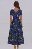 Blue and White Floral V-Neck A Line Long Prom Dress with Sleeves