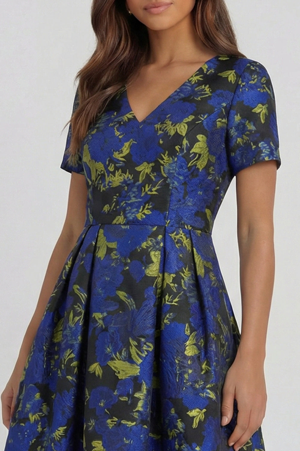 Blue and White Floral V-Neck A Line Long Prom Dress with Sleeves