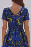 Blue and White Floral V-Neck A Line Long Prom Dress with Sleeves