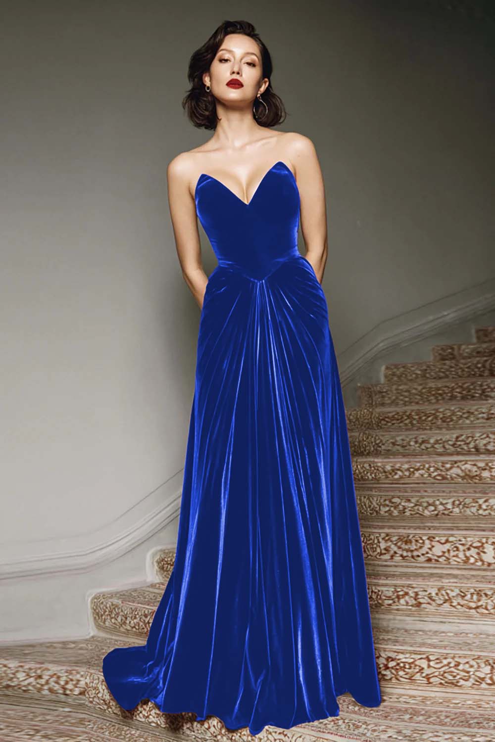 Zapaka Women Burgundy A Line Velvet Formal Dress Sweetheart Long Evening Dress, Royal Blue / US18W