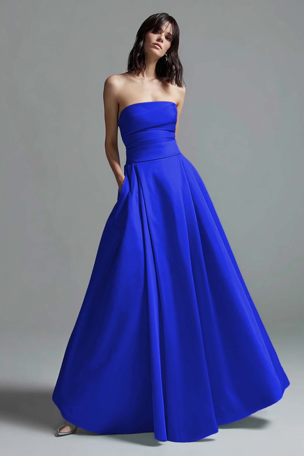 Sky Blue A Line Satin Strapless Ruched Long Formal Dress
